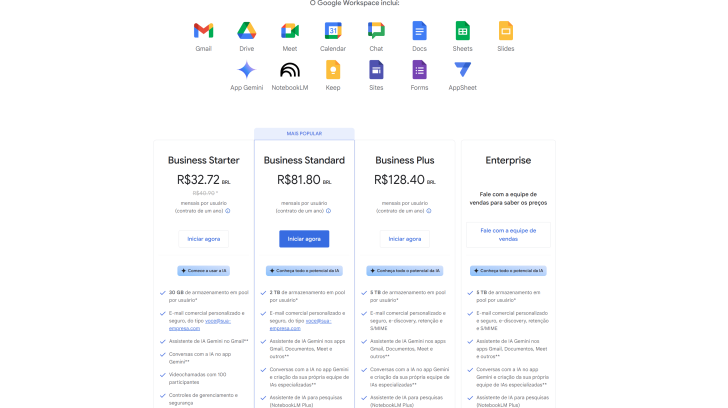 Página promocional do Google Workspace, com os planos disponíveis