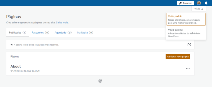 O painel de controle do WordPress.com possui uma interface própria, mas o design pode ser alterado para a versão clássica