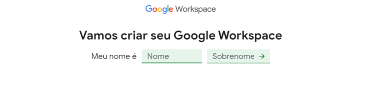 Primeiro passo do formulário de cadastro do Google Workspace
