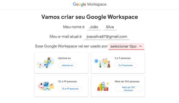 Informe ao Google Workspace uma estimativa de funcionários da sua empresa