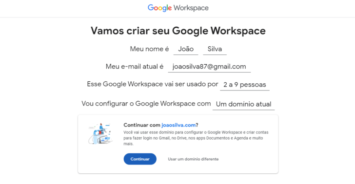 Tela para confirmação do e-mail de administração do Google Workspace