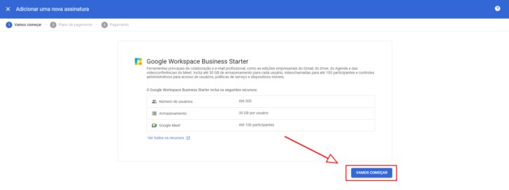 Tela inicial de configuração do pagamento. É o primeiro passo para inserção do código promocional Google Workspace