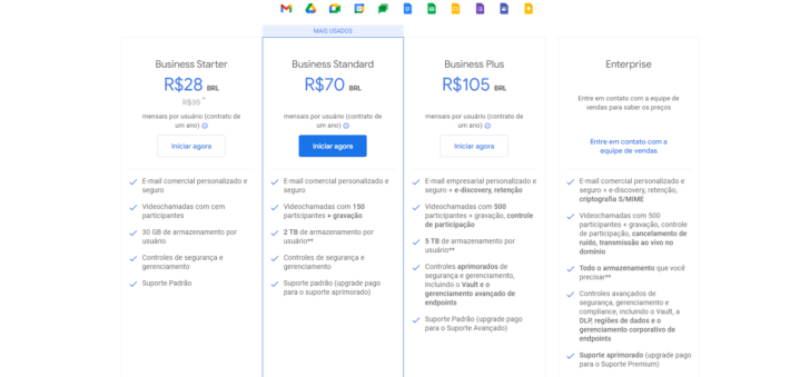 Os planos Google Workspace da modalidade Business podem ser contratados diretamente no site do serviço