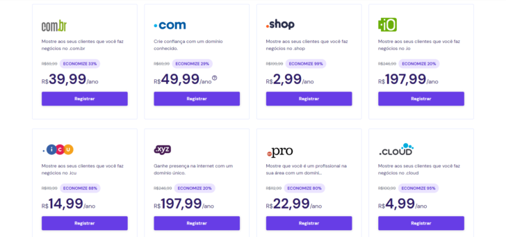 Exemplos de preços de registro de domínios no site da Hostinger