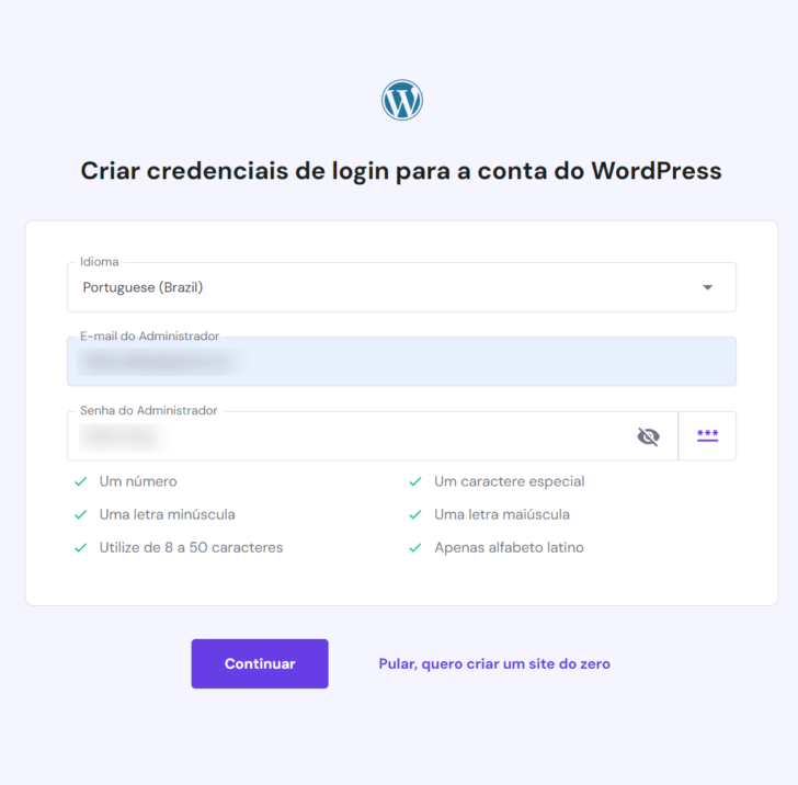 Formulário inicial para instalação do WordPress no painel da Hostinger