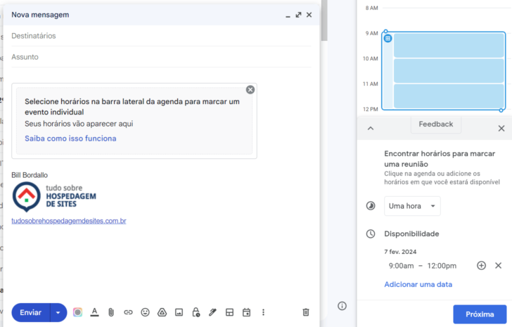 O Gmail profissional permite selecionar horários diretamente na interface do e-mail