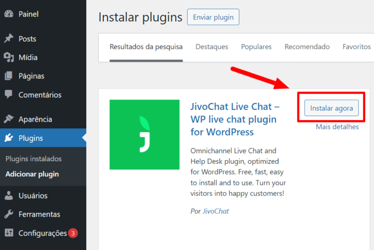 Instalação do plugin JivoChat no WordPress