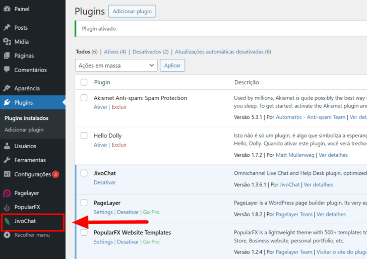 Plugin já instalado e ativado no painel do WordPress