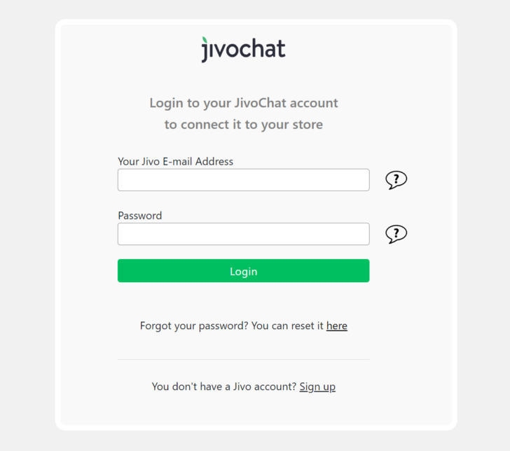 Tela de login do JivoChat no painel do WordPress