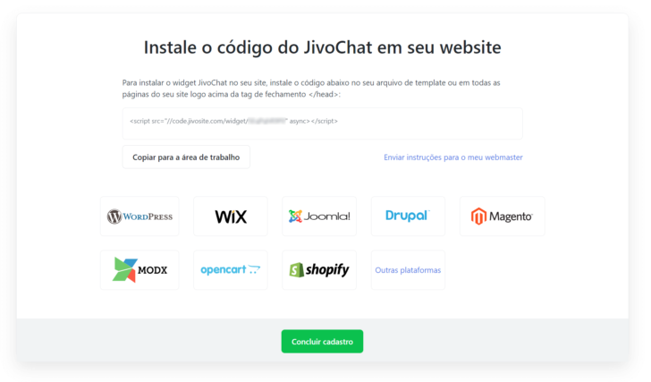 Opções de instalação do chat online no site da JivoChat