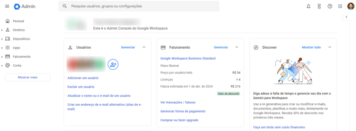 Página inicial do painel de controle do Google Workspace, não disponível para clientes do Gmail gratuito