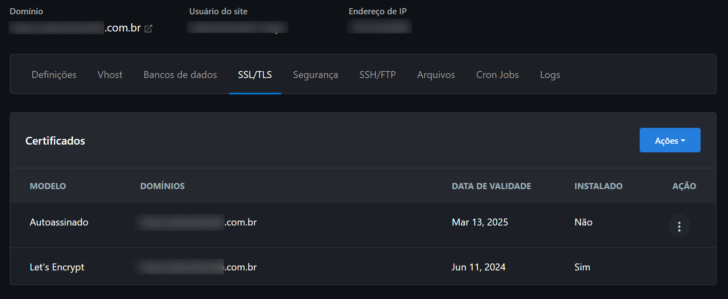 Área de configuração de certificados SSL, no painel CloudPanel