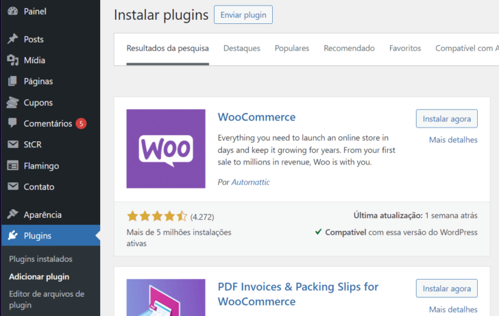 Pesquisa por plugins no painel do WordPress exibindo a loja virtual WooCommerce