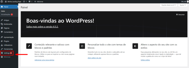 Boas-vindas ao WordPress são exibidas no primeiro acesso ao painel