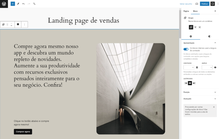 O layout vem com conteúdo de marcação, que pode ser editado livremente para criação de uma landing page de venda