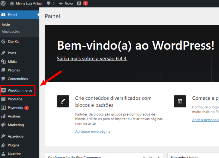 Uma vez ativado, o WooCommerce é exibido no menu lateral do WordPress