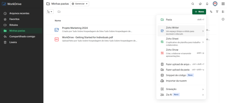 O Zoho WorkDrive, plataforma de armazenamento de arquivos, está incluído nos planos pagos em uma versão gratuita, mas pode ser contratado separadamente para mais recursos.