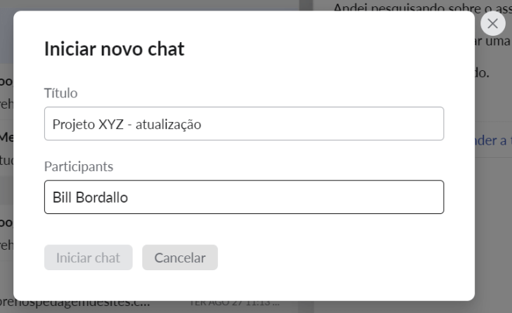 Exemplo de início de chat a partir de um e-mail