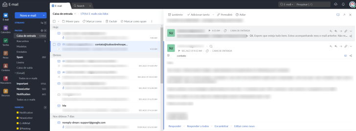 A interface do webmail é limpa e intuitiva