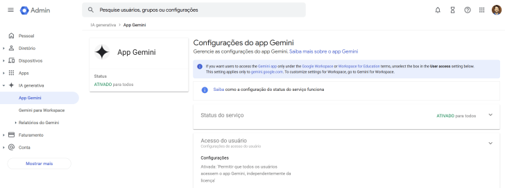 Ativação do Gemini para todos os membros no painel de controle do Google Workspace