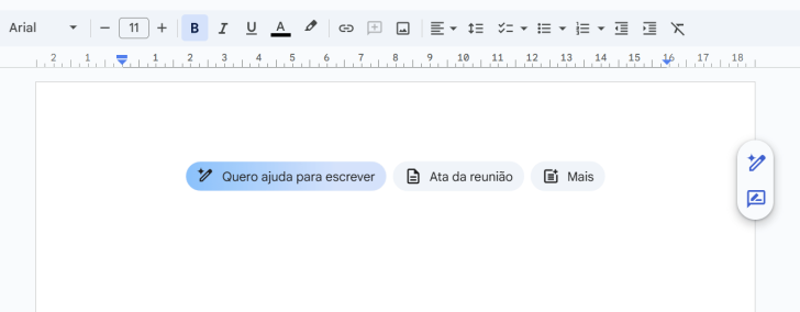 Ao clicar na opção “Quero ajuda para escrever”, o chat do é exibido no Documentos Google