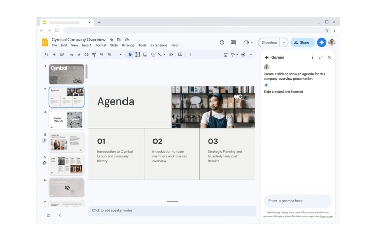 Exemplo de criação de slide usando IA - fonte: site Google Workspace