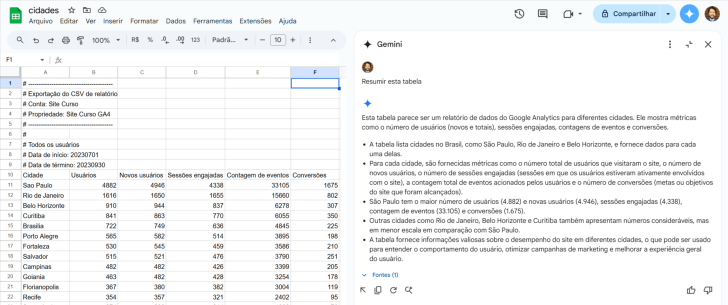 O Gemini foi capaz de interpretar e resumir os dados em uma extensa planilha