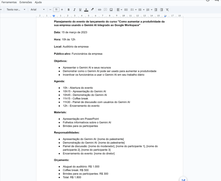 Planejamento de evento sugerido no Documentos Google