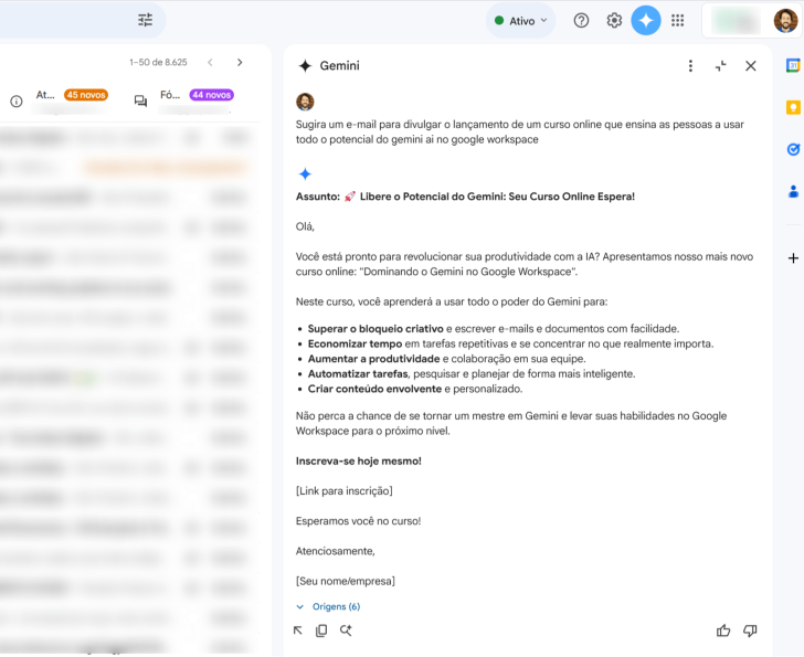 Exemplo de sugestão de texto criado no Gmail