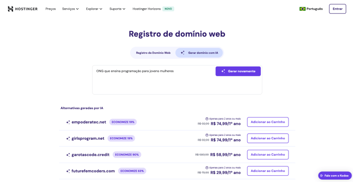 Gerador de domínios com IA da Hostinger