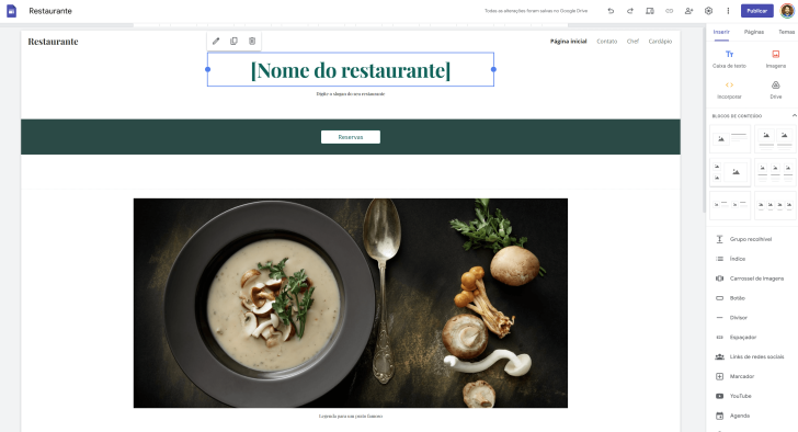 O Google Sites possui um painel de edição intuitivo e fácil de usar