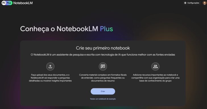 Página inicial do NotebookLM
