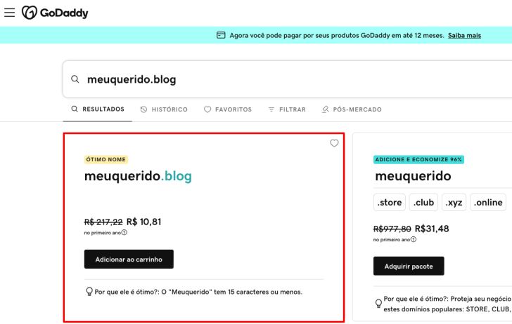 Consulta de um domínio .blog na página da GoDaddy