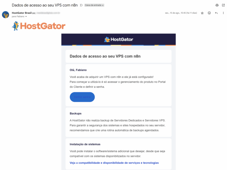 E-mail recebido após a ativação do VPS com n8n HostGator