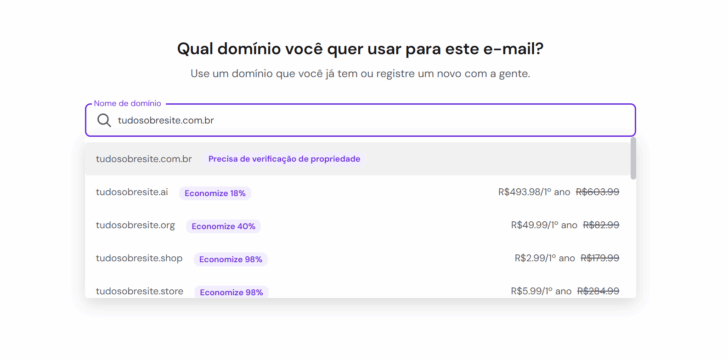 Inserindo o domínio desejado no assistente de configuração do e-mail profissional Hostinger