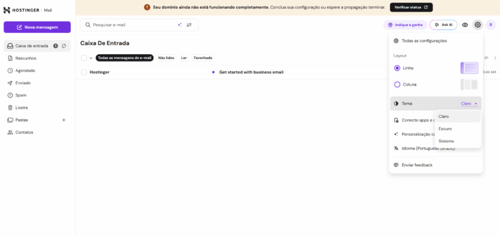 Caixa de entrada do e-mail profissional hostinger acessada pela primeira vez após a configuração