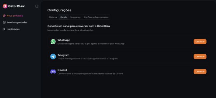 Opções de canais disponíveis para configuração rápida no GatorClaw