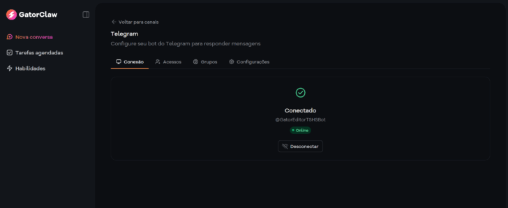 Status da conexão com o Telegram no GatorClaw