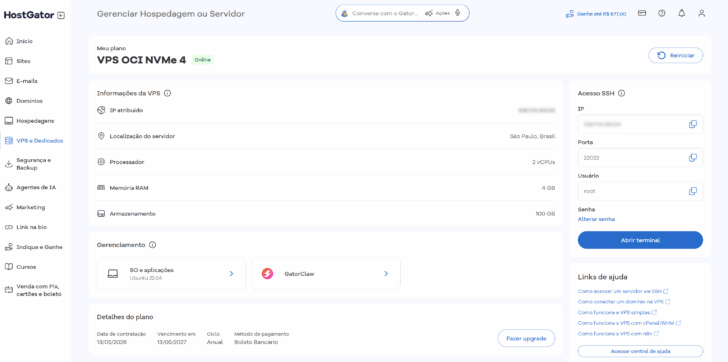 Painel do cliente HostGator, com o botão GatorClaw disponível para acesso