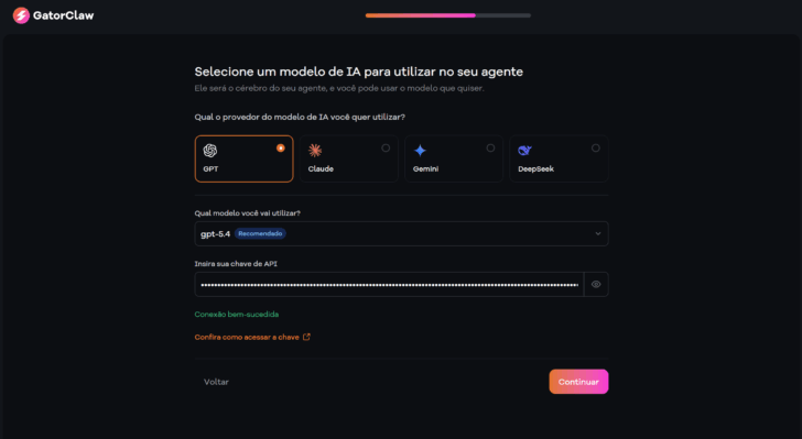 Passo para inserção da chave de API do modelo GPT, da OpenAI