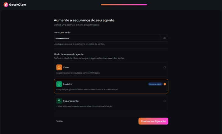 Definindo uma senha e configurando o modo de acesso do agente no GatorClaw