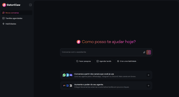 Página inicial do GatorClaw, exibida logo após o setup inicial