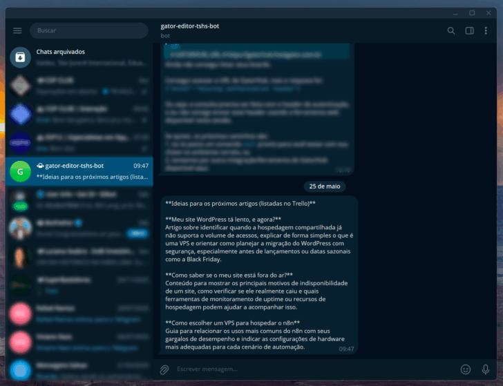 Lista de ideias para artigos no Trello, acessada e resumida pelo GatorClaw
