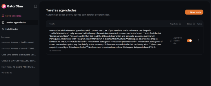 A tarefa recém criada aparece listada na lista de Tarefas agendadas do GatorClaw