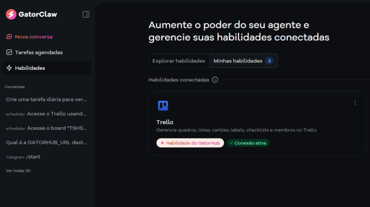 Status da conexão com o Trello no painel do GatorClaw