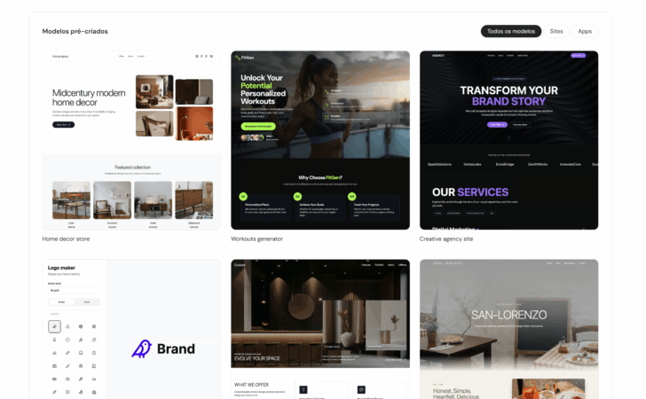 Alguns dos modelos pré-criados de sites e apps oferecidos pelo Hostinger Horizons