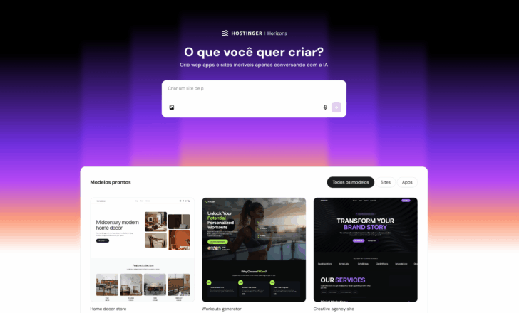 Interface inicial do Hostinger Horizons com campo de prompt centralizado
