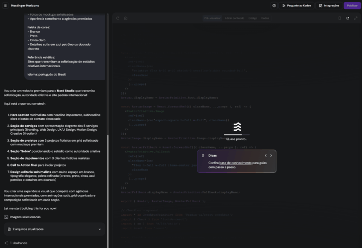 Painel lateral do Horizons mostrando a inserção do prompt e o processamento do código em tempo real