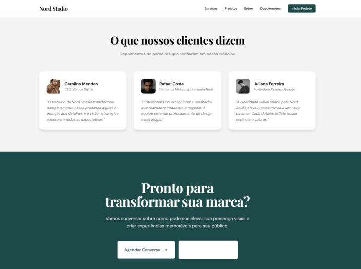 Seção de depoimentos e Call to Action final do site Nord Studio
