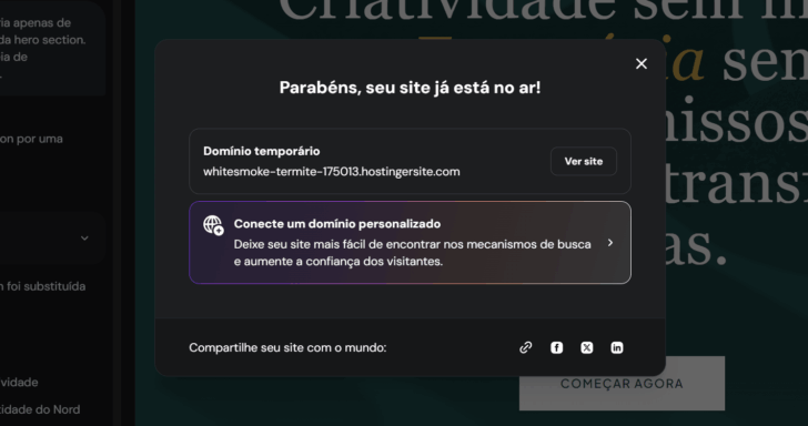 Aviso de sucesso na publicação com opções de domínio e compartilhamento